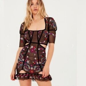 For Love & Lemons | Ester Embroidered Mini Dress bodycon floral cutout * Large